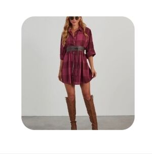 Vici, Entro, Burgundy Dress Shilah Plaid Babydoll Mini Dress, L